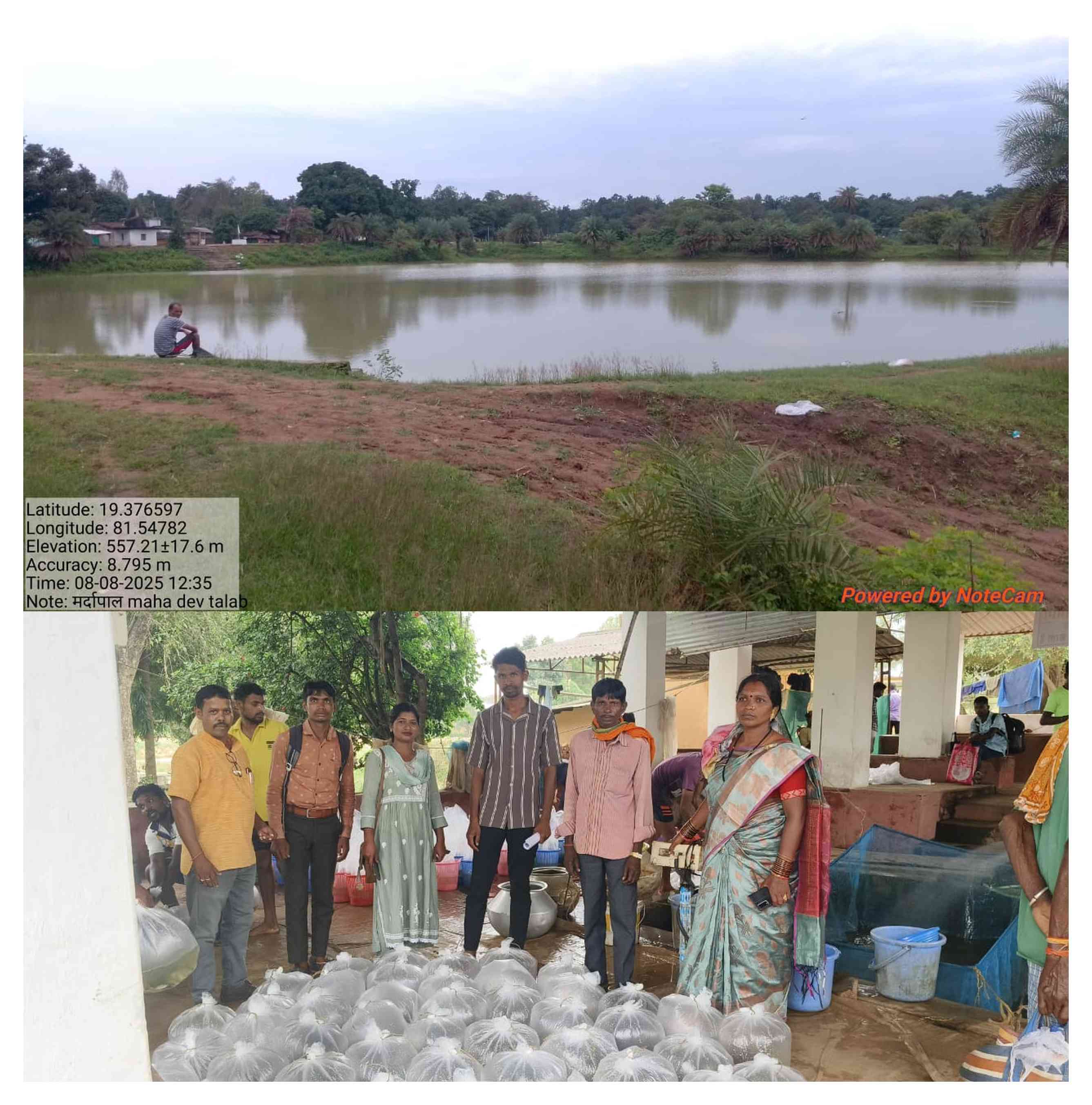 Community Pond at Mardapal Panchayat Kondagaon and Jayanti Kashyap Panchayat Sarpanch Mardapal recieving fingerlings from Fisheries Department